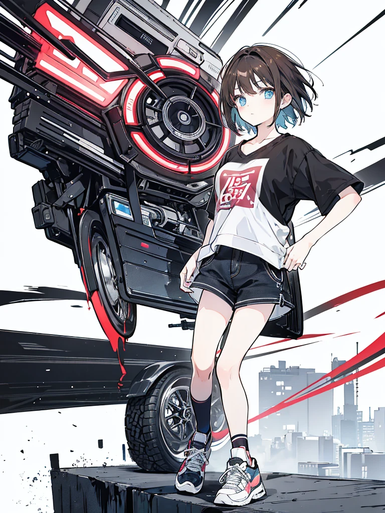 Anime teen girl 17 years old, brown short hair, black thight clothes, blue eyes, jean short pants, sneakers