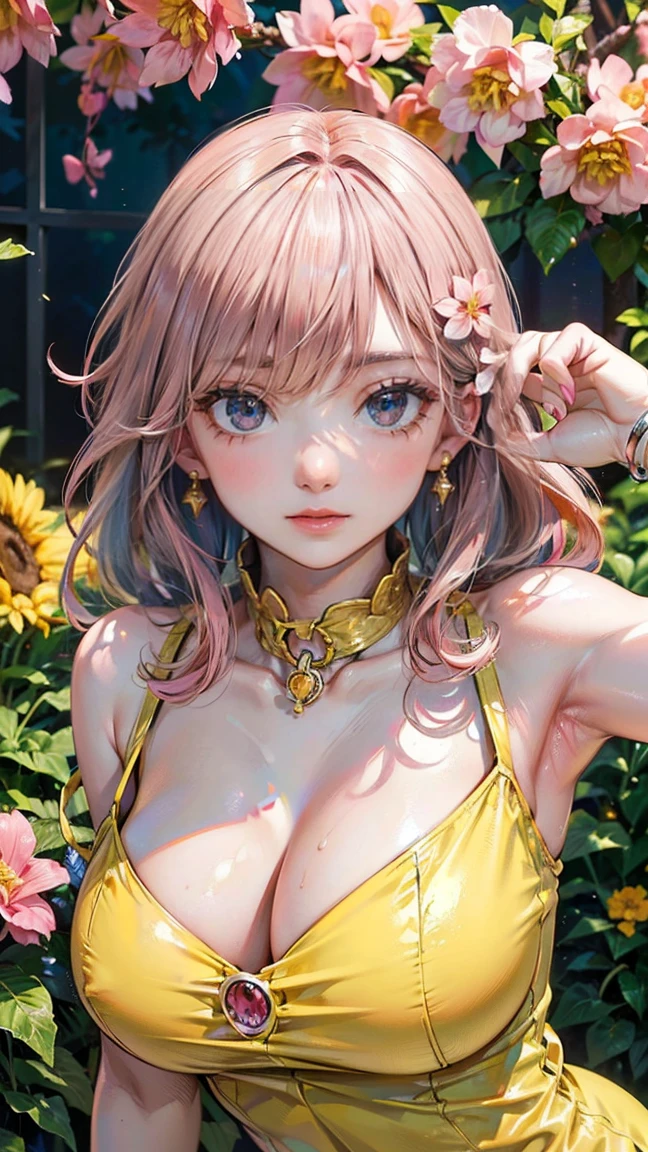 (Masterpiece, Best Quality:1.3), (ultra detailed:1.2), (hyperrealist:1.3), (raw photo:1.2), RAW color photo with high detail, professional photography, (Photorealist:1.4), (realist:1.4), (pink hair:1.5), Professional lighting, perfect anatomy, (big breasts:1.2), (blush, detailed face), (happy smile:1.5), trend hair&trend hairカラーをランダムに, earrings, collar, bracelet, sexually, erotic sexually, Random sexy poses in gravure, (Sexy beauty in a canary yellow dress、Summer garden background、smiling face、sunny pose、exposed shoulders: 1.3)