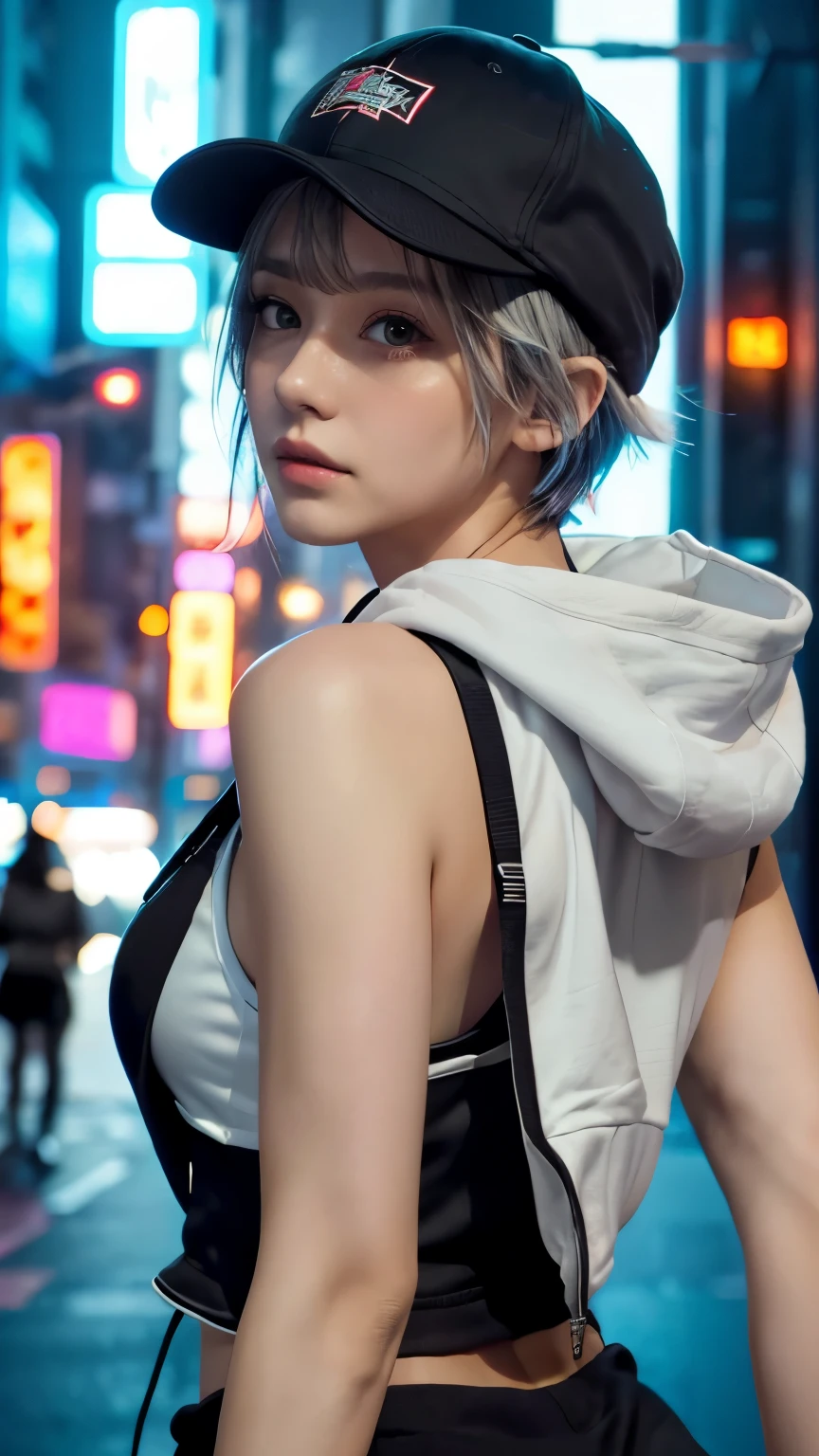 masterpiece, Highest quality, Very detailed, 8k, Realistic, One Girl, alone, Tomboy, Very detailed face, (head shot:1.5), Cyberpunk neon lit futuristic city、Neon lights illuminate the scene, at night, Cyberpunk art, 32K, Ultra HD, Unreal Engine Rendering, Cinema Lighting,Pixie cut white hair, He is wearing a short tank top and an open-zipped hoodie.....,I can see your chest,Nice ass,Wear a New Era cap