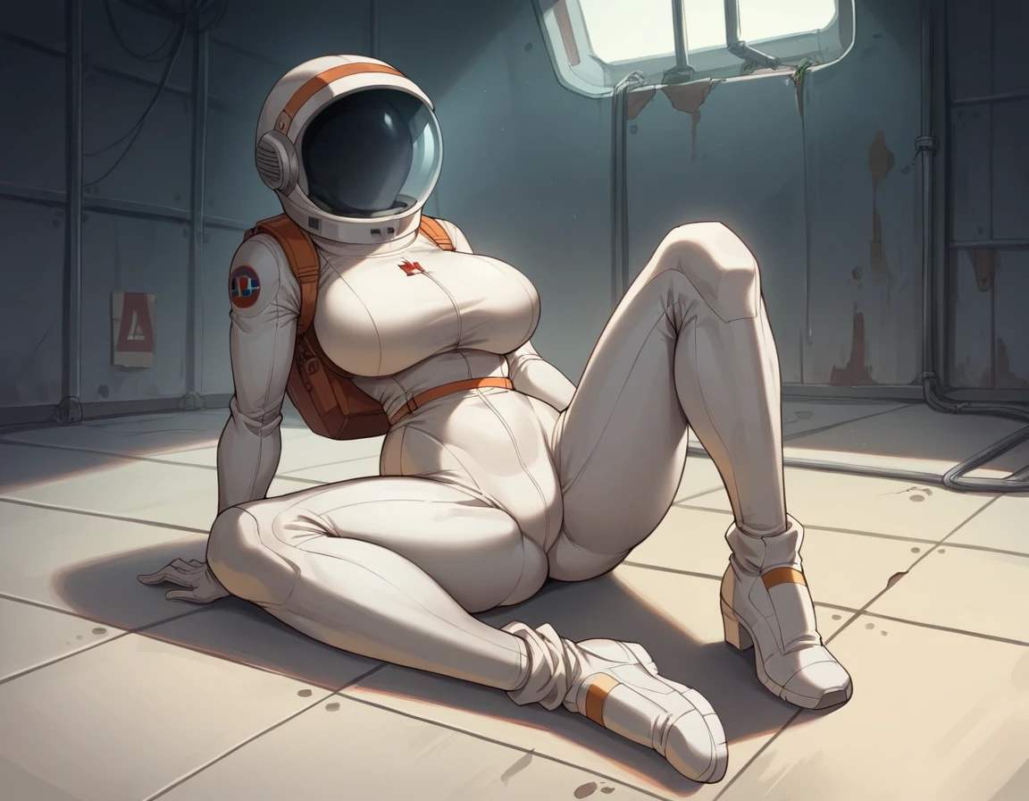 Masterpiece , best quality , Masterpiece , best quality , 1 woman , astronaut suit , wear a hat , big breasts , abdomen , Beautiful legs , Sit down on the floor. , Spread your legs , shoe , full body , abandoned factory