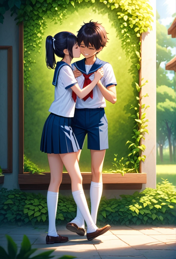 A heartwarming moment between an Indian brother and sister, both dressed in their distinctive school uniforms. The brother, with his short hair neatly combed and a mischievous smile, is slightly taller than his sister, which suggests a protective nature. He is clad in navy blue shorts that hit just above the knee, paired with crisp, white socks that fold down at the ankles, revealing a hint of his bare skin. His short sleeve shirt, a vibrant shade of light blue, matches the color of the school emblem proudly stitched onto the pocket. The sister, on the other hand, is a vision of innocence and charm with her dark hair tied back into a high ponytail, showcasing her delicate features. She wears a pleated skirt in the same navy blue as her brother's shorts, reaching just below her knees and complemented by a pair of thigh-high socks adorned with white stripes, reminiscent of a sailor's attire. Her white blouse, featuring a sailor collar with a cute bow at the neck, adds a touch of elegance to her ensemble. The siblings stand in a playful embrace, the brother leaning down slightly to plant a gentle kiss on his sister's forehead. The soft, warm light bathes the scene, highlighting their pure and loving bond. The background is a blur of lush greenery, hinting at their schoolyard setting where such tender moments often unfold amidst the hustle and bustle of academic life. The vibrant colors of their uniforms stand out against the serene backdrop, creating a poignant contrast of youthful exuberance and the tranquility of the environment. The picture captures a fleeting second of their shared childhood, a testament to the unspoken love and camaraderie that exists between siblings, transcending the boundaries of their school routine.