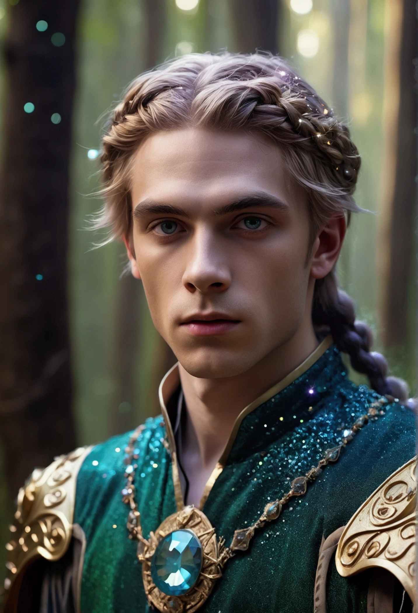 ((One Man)), (((Fantasy portrait of a young man in a mithorogic costume))), ((Long sleaves)), With mystical colored eyes, pale skin, Loose braided hair, Magical, Beautiful, Enchanting, Photorealism, mid-shot, ((Deep forest)), Fantasy Art, (((Many sparkling particles in the air))), ((Ethereal fantasy art)),