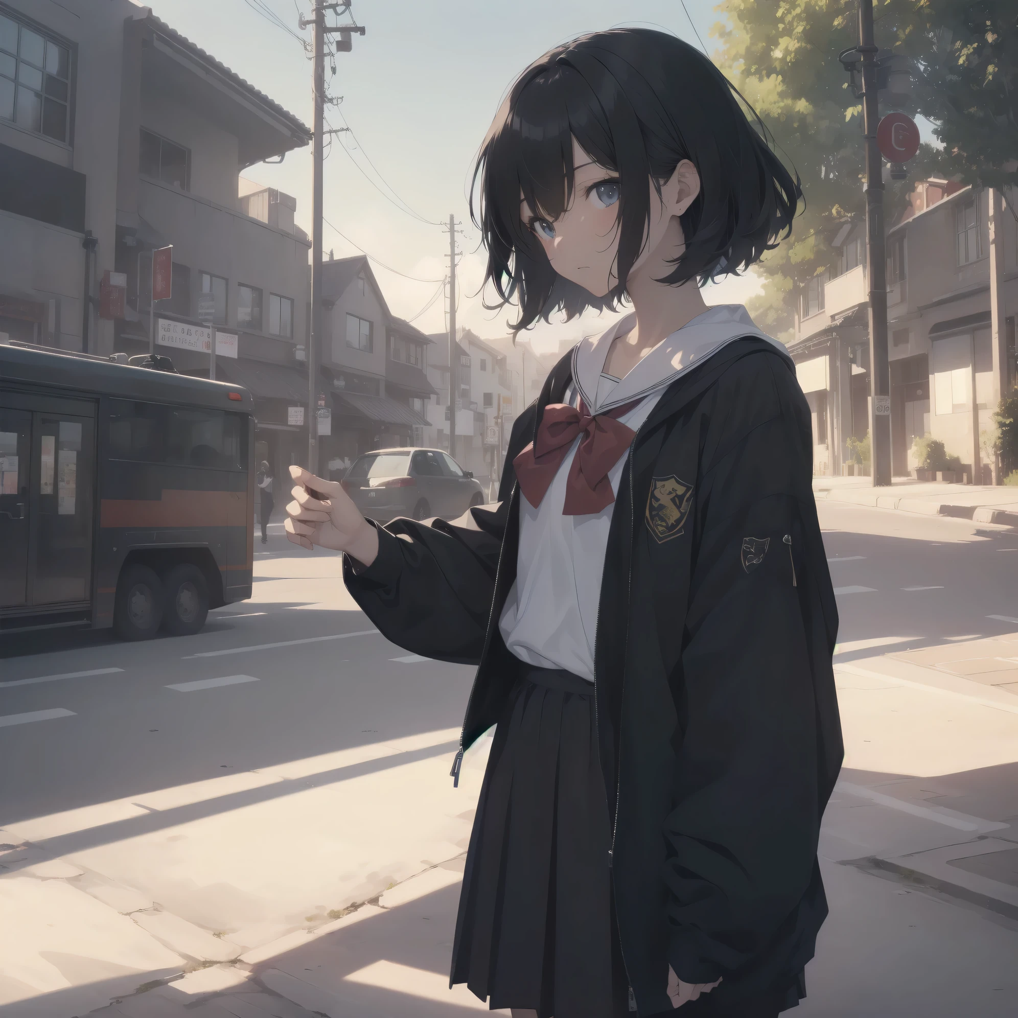 ultra-absurdres-Top quality by artist God, ultra-detailed, high resolution, anime moe artstyle, best anime 8k konachan wallpaper, pixiv contest winner, pool:2810, perfect anatomy,break, 1girl, (Please draw a girl walking sleepily to school alone. )break,(Solo,little female, 13-year-old:1.3),Full limbs, complete fingers,a junior high school student, (very short hair), short cut, flat chest, , small butt, small black eyes, beautiful detailed eyes, well-proportioned iris and pupils, expressive eyes, highres detailed hair, soft expression, salor school_uniform, sailor collar, serahuku, bow, pleated skirt,(Detailed Lighting), (Detailed background), in the School commute route. break,super detailed skin, Best cinematic lighting powered by famous artist, 8k,beauty illustration,photoshop_(medium),very aesthetic,break,((artist:yuuhagi_(amaretto-no-natsu) )), artist:clamp ,artist:carnelian ,artist:kantoku ,