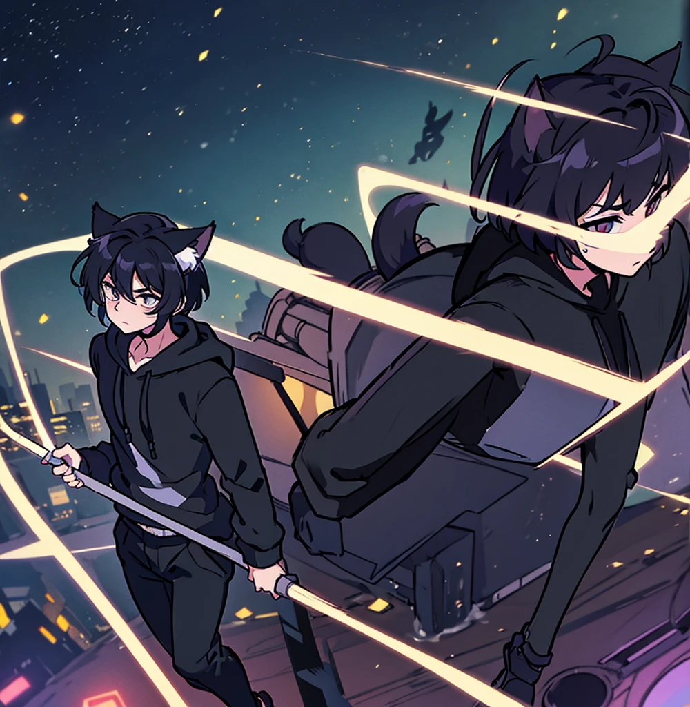 Lonely 2d anime cat boy with black hair and kitty ears, wearing black hoodie, black pants, walking under city lights at night