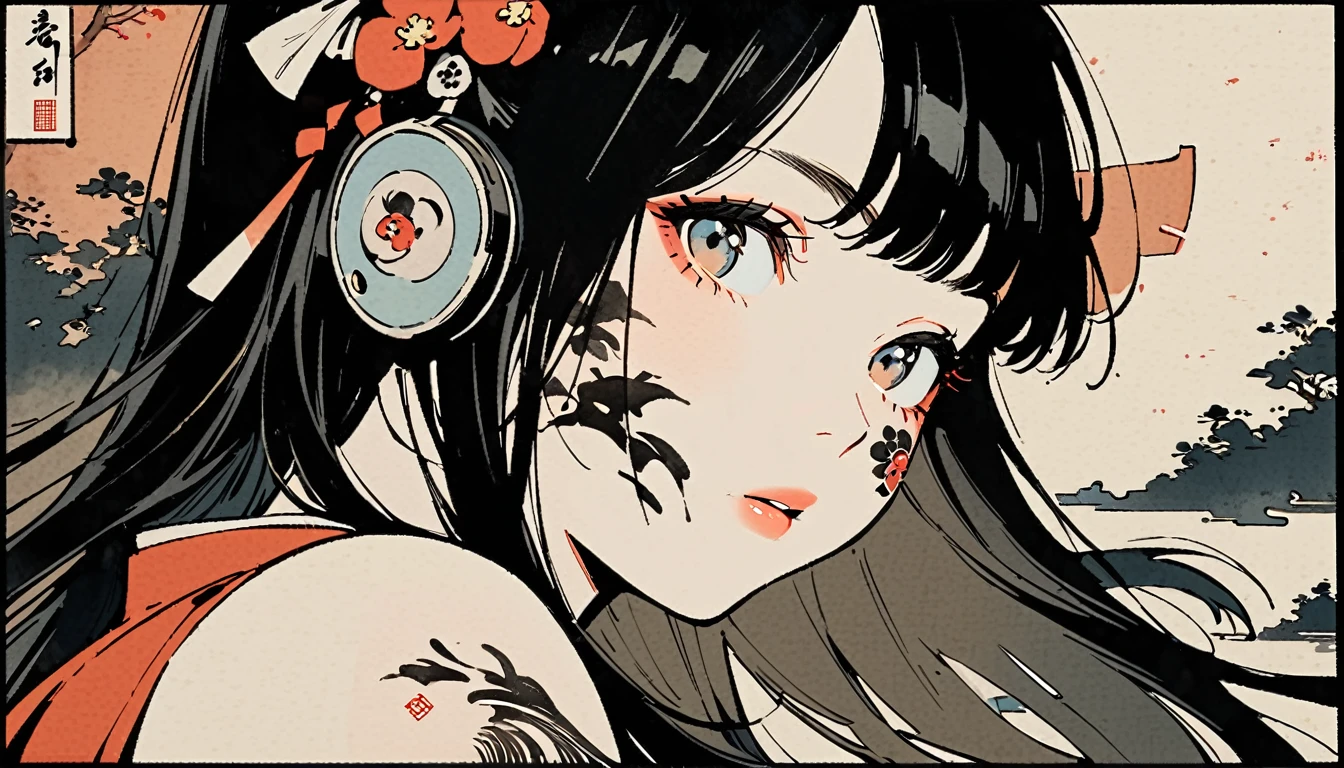 Ink Painting, (((1 girl))), (((Tattoos on the face))), (((gorgeous hair accessory))), Japanese style headphones, Face close-up, Beautiful Japanese Girls, Black Hair, Delicate and precise, Modern ukiyo-e style