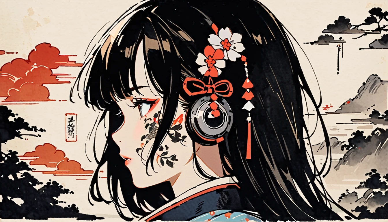 Ink Painting, (((1 girl))), (((Tattoos on the face))), (((gorgeous hair accessory))), Japanese style headphones, Face close-up, Beautiful Japanese Girls, Black Hair, Delicate and precise, Modern ukiyo-e style