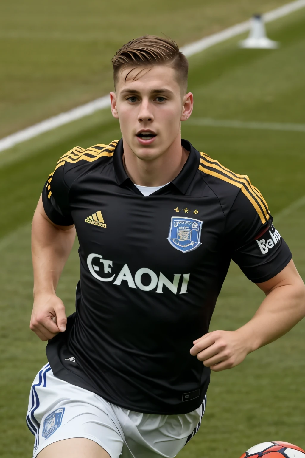Scottish soccer defender, 24 years old, light brown hair, undercut hairstyle, black jersey, squints, running very fast