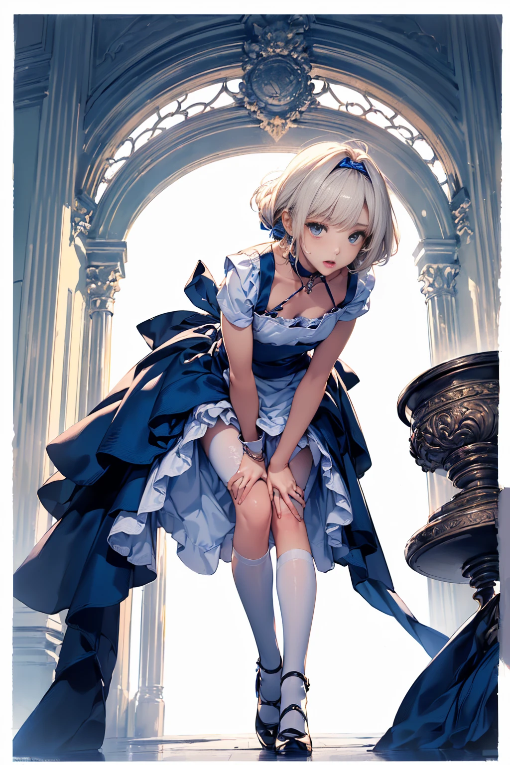 (masterpiece, high quality, Mysterious, Ideal body proportions), (Ultra-high resolution, 8K RAW Photos, Photorealistic, Natural light, Fabric Shading), Wide Shot Photography:1.6, (One beautiful anime girl:1.3, , alone:1.5, Mature Woman:1.5, Browsing Caution:1.25, whole body:1.3), Glowing Skin, break, ((Alice in Wonderland:1.3, Cute girl, cute, Lovely, interesting, Girl Falling From the Sky:1.5, Girl Flying in the Sky:1.5, The girl is floating in the air:1.1, The wind lifts up the skirt:1.5, (Embarrassed:1.3), Amazing, Put on an apron and put your hand on your crotch:1.35)), break, ((Trump, trump card, Tea cup, you can, teaspoon, Small Clock:1.3, Lipstick, Candy:1.2, クッKey, Jam jar, Key)), ((Royal Blue Dress :1.5, Wearing a long flared skirt:1.3, White apron, White Stockings)), (Medium-length platinum blonde hair:1.2, Twin tail hair:1.6, Her hair was tied with a big ribbon), (blue eyes, Bright eyes with highlights, Detailed eyes), (Lie on your back:1.6, Leaning forward:1.2, Stand up straight and spread your legs:1.5), ((Dutch Angle:1.5, whole body:1.3, Crotch focus:1.3, From below:1.5, Poor posture)), Movie poster images, Exotic Wallpaper, Amazing colorful art, (Fantasy Images:1.5), ((Correct Anatomy:1.5, Perfect Anatomy:1.3, The right move, Small feet:1.2)),