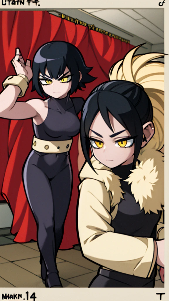 Woman, short black hair, yellow eyes, perfect body, very beautiful,Red and black villain tamarisk, Boku no hero academy