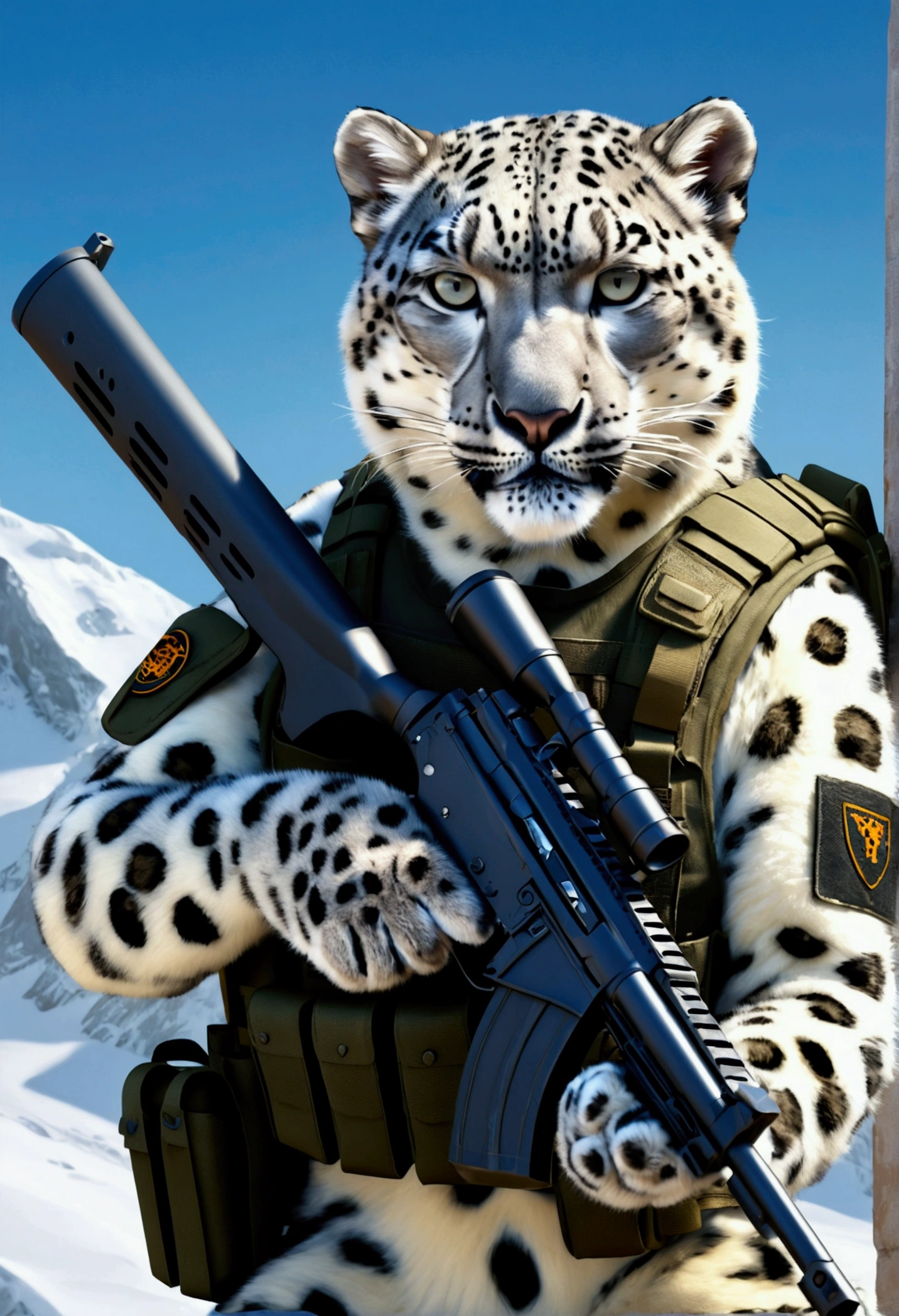(Masterpiece, Best Quality, photorealistic, ultra detailed), snow leopard dressed in tactical gear, Covert operations, holding a shotgun in his hand, dynamic pose, natural lighting, Seamless digital illustration