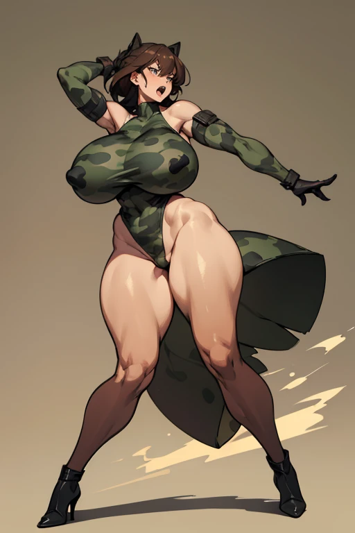 military camouflage, battle, angry scream, Open mouth, young girl, Pullover, whole body to see, (( very wide hips)), (((colossal Thighs, gigantic thighs, very huge thighs, very big thighs))), fullbody, high heels boots, tanned, brown skin, very Big breast, firm breast, high cut leotard, Battle, fighting, gun, bob bang hair, leg garterbelt, sleveless, shoulderless,