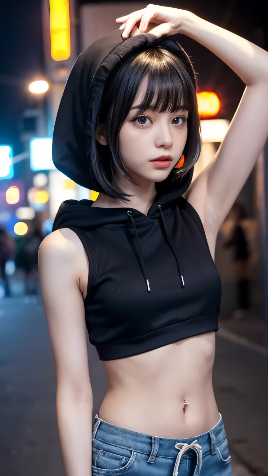 High resolution、1 female、girl、Black Hair、short hair、Slanted Eyes、blue eyes、thin、hoodie、fur、Tank top、Shorts、belly button、Tattoo stickers、Night view