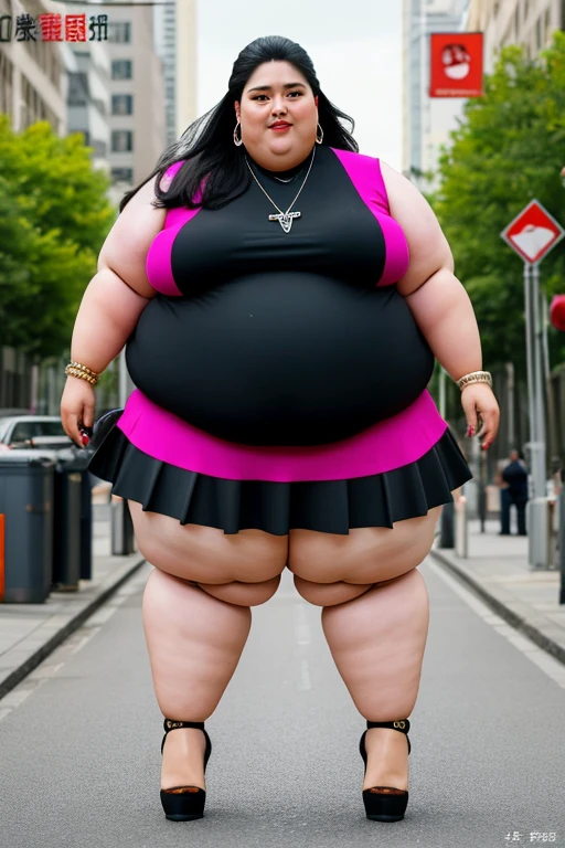 masterpiece, best quality, live action photo, 140kg extremely obese woman, large stomach, mini skirt, high heel, necklace, earring, bracelet