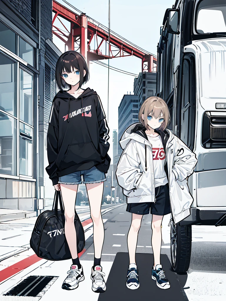 Anime  girl 17 yown short hair, black thight clothes, blue eyes, jean short pants, sneakers