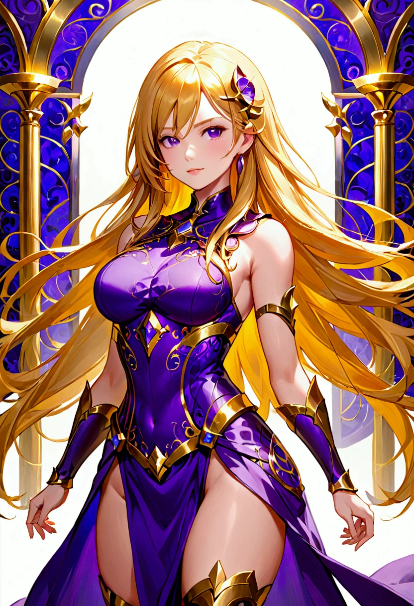 Adult female,long golden hair, purple eyes,hourglass body figure,warrior attire