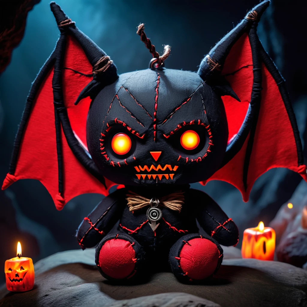 (knitted toy voodoo doll:1.7), (Voodoo Demonic Bat:1.3), (Clothing: dark wings with glowing red eyes:1.0), (Accessories: enchanted infernal fangs, glowing cursed pendant, mystical dark cave:1.2), (background: moonlit cave with floating, glowing stalactites and eerie echoes:1.2), best quality, masterpiece, detailed soft oil painting, detailed background, dramatic cinematic lighting, soft edge lighting, professional, dramatic lighting, hard edge lighting, ultra quality, 4k,masterpiece, best quality, 8k, ultra highres, highres, extremely detailed