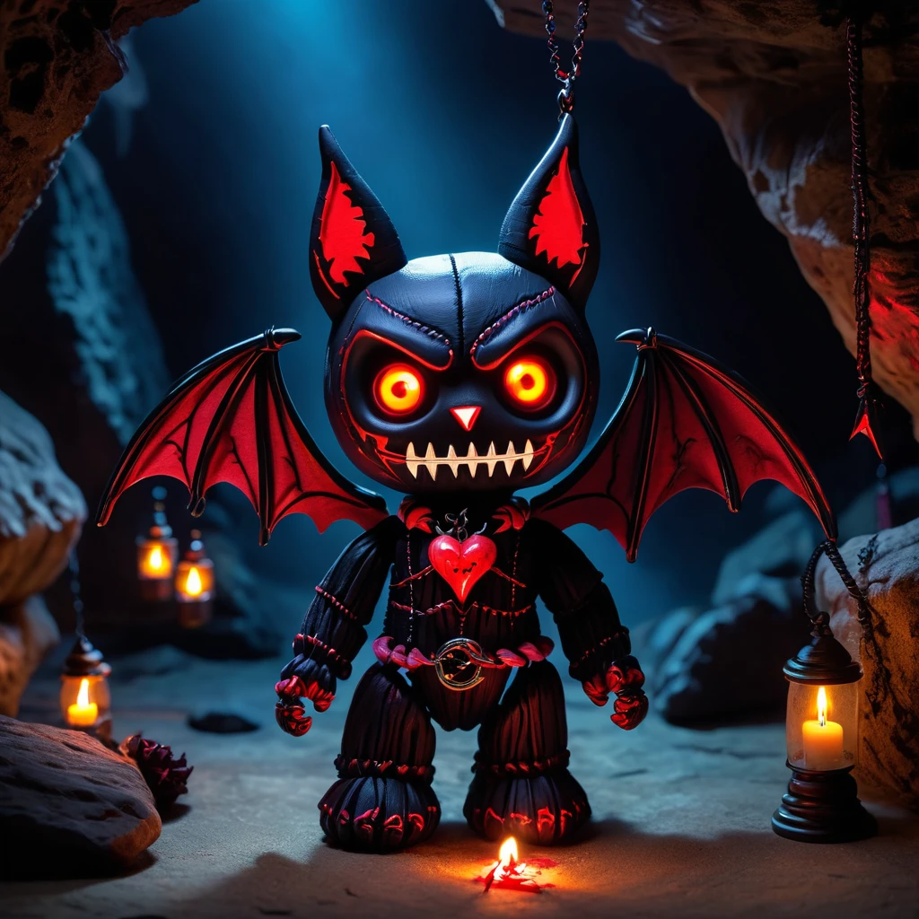 (knitted toy voodoo doll:1.7), (Voodoo Demonic Bat:1.3), (Clothing: dark wings with glowing red eyes:1.0), (Accessories: enchanted infernal fangs, glowing cursed pendant, mystical dark cave:1.2), (background: moonlit cave with floating, glowing stalactites and eerie echoes:1.2), best quality, masterpiece, detailed soft oil painting, detailed background, dramatic cinematic lighting, soft edge lighting, professional, dramatic lighting, hard edge lighting, ultra quality, 4k,masterpiece, best quality, 8k, ultra highres, highres, extremely detailed