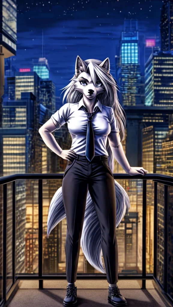 Loona from Helluva Boss, female wolf, anthro, mature adult, soft white hair, grey eyes, white shirt with tie, black pants, black shoes, standing in the balcony, city at background, night, detailed, solo, beautiful, front view, high quality, anime style, 4K