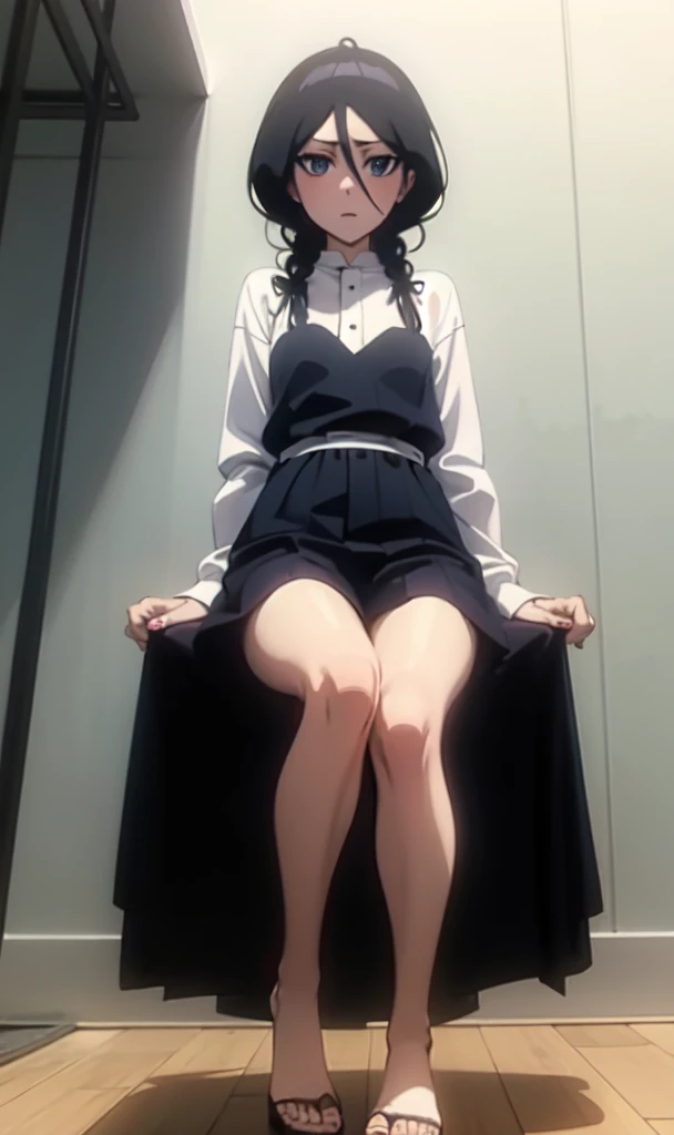 Girl dressed with nothing,sitting on the ground,looking at the viewer,looking from below,small  ,legs open,short black hair, looking at viewer, braid, NSFW,