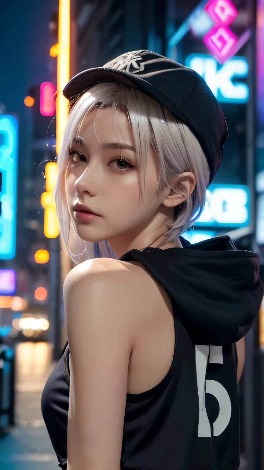 masterpiece, Highest quality, Very detailed, 8k, Realistic, One Girl, alone, Tomboy, Very detailed face, (head shot:1.5), Cyberpunk neon lit futuristic city、Neon lights illuminate the scene, at night, Cyberpunk art, 32K, Ultra HD, Unreal Engine Rendering, Cinema Lighting,Pixie cut white hair, He is wearing a short tank top and an open-zipped hoodie.....,I can see your chest,Nice ass,Wear a New Era cap