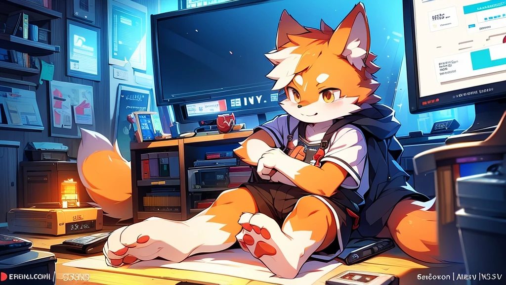 fox boy,Television anchor,8k resolution,high resolution,最high resolution,News-like caption,Broadcasting station logo,Casual wear,Display the emergency alert message below,Like I was in a hurry.
