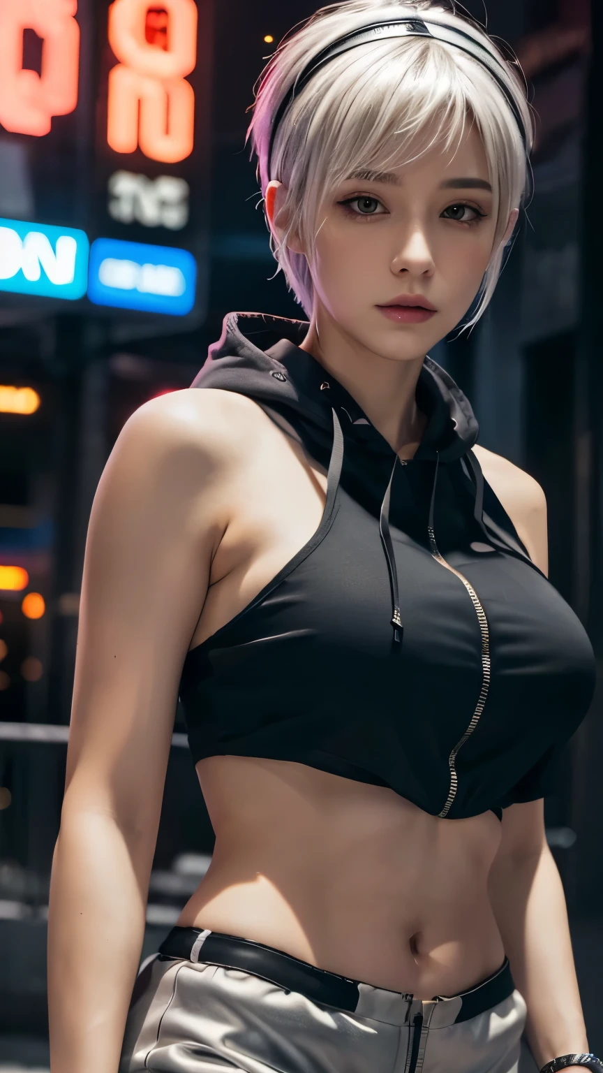 masterpiece, Highest quality, Very detailed, 8k, Realistic, One Girl, alone, Tomboy, Very detailed face, (head shot:1.5), Standing in front of a wall covered in hip hop graffiti, Cyberpunk neon cityscape,Pixie cut white hair, She is wearing a short neon tank top and an open hoodie....,I can see your chest,Nice ass,Wear a New Era cap