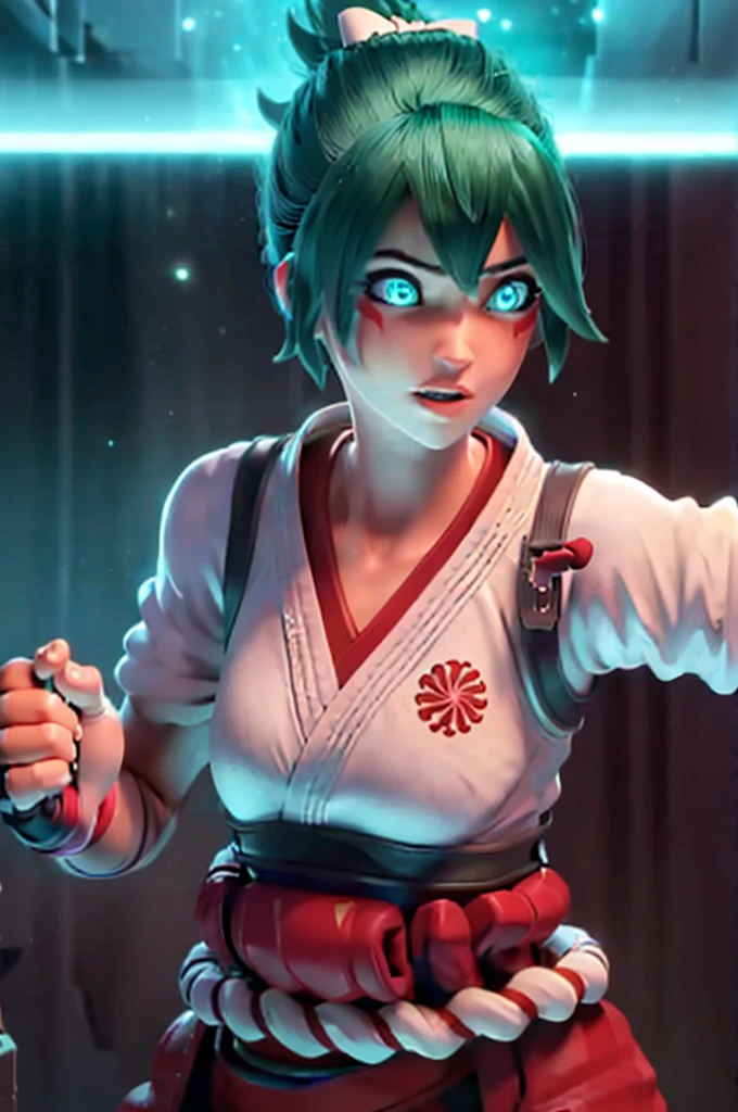 (((Fighting pose))),realistic, realism, photorealism, photo-realistic, high contrast, (photorealistic:1.4), 8k high definition detailed realistic, (best quality, masterpiece:1.2),  photon mapping, radiosity, physically-based rendering, best quality, highly detailed, 1girl,  owkiriko, green hair:0.6, looks at the viewer, red dress, ((glowing eyes)),