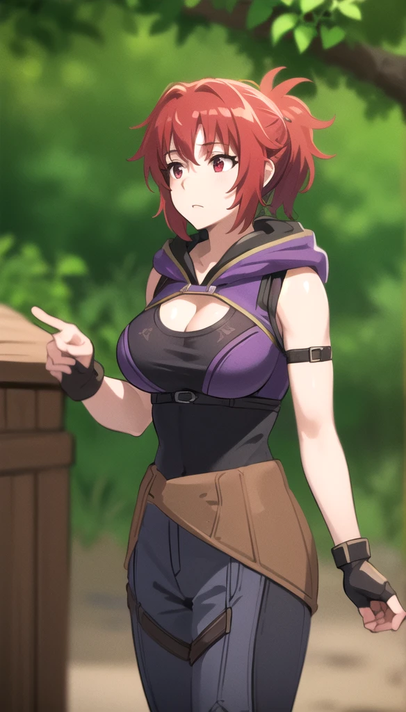 photorealistic, (4k), depth of field, (Masterpiece), (realistic skin texture), extremely detailed, intricate, hyper detailed, professional photography, bokeh, high resolution, sharp detail, best quality, woman, short ponytail, red hair, red eyes, (purple top:1.3), cleavage cutout, shoulder cutout, hood down, green pants, fingerless gloves, leather belt,  sneaking in forest, (lush vegetation:1.5), bushes, trees, leaves,