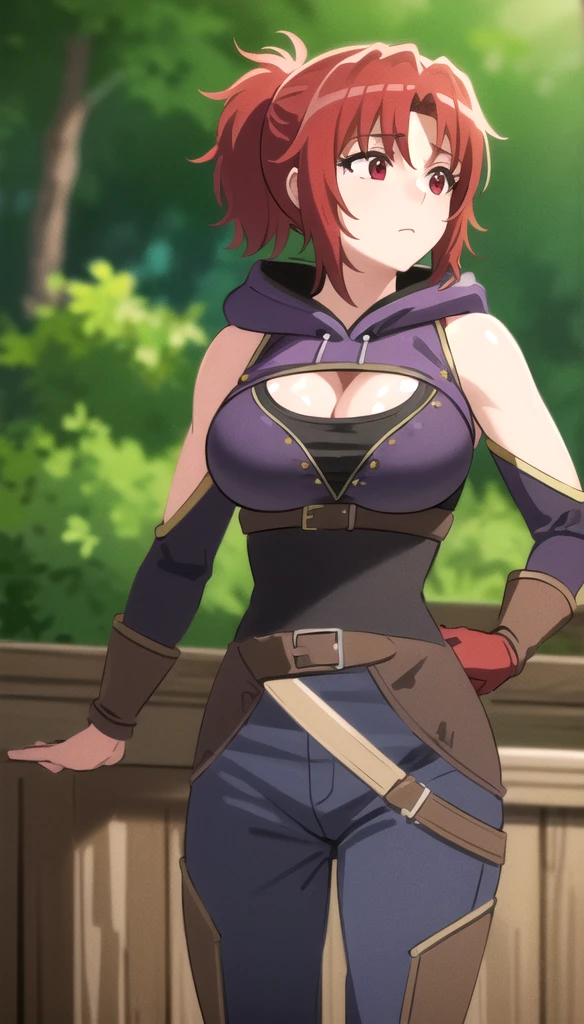 photorealistic, (4k), depth of field, (Masterpiece), (realistic skin texture), extremely detailed, intricate, hyper detailed, professional photography, bokeh, high resolution, sharp detail, best quality, woman, short ponytail, red hair, red eyes, (purple top:1.3), cleavage cutout, shoulder cutout, hood down, green pants, fingerless gloves, leather belt,  sneaking in forest, (lush vegetation:1.5), bushes, trees, leaves,