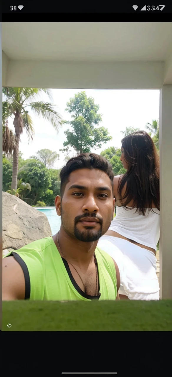 Sexy interracial couple, brown indian man half bald, beard, tall, muscular, brown(ebony skin) chubby woman long hair, big breast, big nipples, big hip, big curvy ass, man wearing t shirt and yoga pant, woman wearing white bra, front view, couple, detailed.