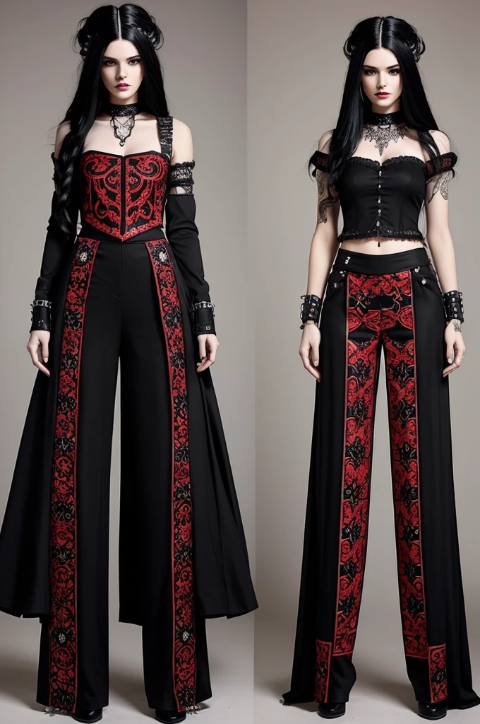 The character has a pale white face and wears an elaborate outfit. The hair is long, black with red highlights, and styled in a way that gives it volume. The outfit consists of a black top with intricate red designs and black, wide-legged pants with subtle patterns. The overall appearance is dark and stylish, resembling a gothic or punk aesthetic.