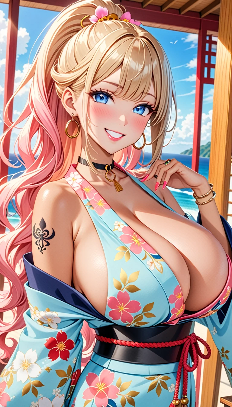 ultra-detailed, ((one girl)), (portrait), (tan skin:1.4), in pastel colors gyaru, (heavy makeup), (professional lighting) hyper detailed, absurdres, 8k, Beautiful Face, (Laugh shyly), ((teasing smile:1.6)), ((happy smile:1.5)),  ((Wink:1.5)), (Laugh with your mouth wide open),((Tilt your face:1.6)), View your viewers, ((Bright red cheeks:1.6)),Glossy shocking pink lips, ((huge breasts:1.6)),  ((undressing)), ((Her tattoo peeked through her kimono:1.2)), noon, summer, Luxury resort with ocean view, ((Anime style background)),masterpiece, Highest quality, (Brighten your face), so beautiful,Latest, Complex details, ((fluorescent pink long nail:1.2)), (ring),(bracelet), (Floral Choker),AI-generated, Complex,High resolution, Highest quality, super high quality,3D Images、3D Images,One person, (blond long hair), (High Ponytail), (wavy hair:1.4), Anime woman posing for a photo, ((Fine grain、blue eyes、glowing eyes:1.4)), (Squint your eyes:1.1),a hyperRealistic , hyperRealistic , Realistic,Anime woman with long honey blonde hair, Smooth anime CG art, A girl in a gorgeous pastel-colored kimono, ((Pastel-colored furisode)),(Pink large floral pattern),  (sideboob), Long flower hair ornament,large gold hoop earrings, Mature Body, tall,Narrow waist, front view,((dutch angle)), (upper body), 