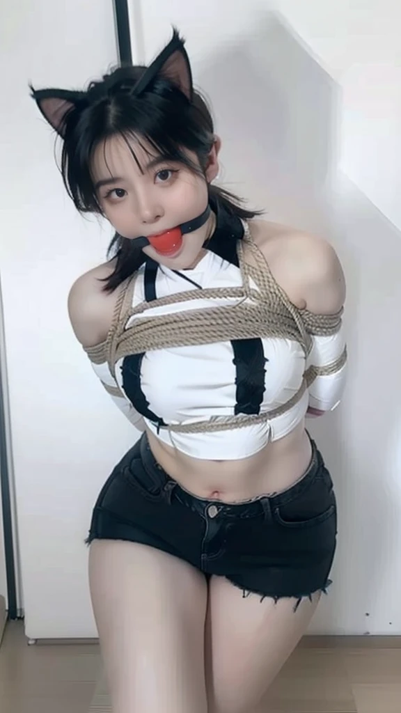 Prompt:2girl, fit, midriff, sweat, shiny skin, glossy skin, oiled, abs, bright skin, clear eyes, black hair, huge breasts, thick thighs, wide hips, curvy, standing, from above, bikini, clear sky, jacket, open jacket, (denim shorts:1.1) Negative Prompt:ugly, tiling, poorly drawn hands, poorly drawn feet, poorly drawn face, out of frame, extra limbs, disfigured, deformed, body out of frame, bad anatomy, watermark, signature, cut off, low contrast, underexposed, overexposed, bad art, beginner, amateur, distorted face,bondage (Shibari,hands tied behind back:1.5), (Shibari:1.21), ballgag (((Drooling))),(((Legs tied))) (((cat ears)))