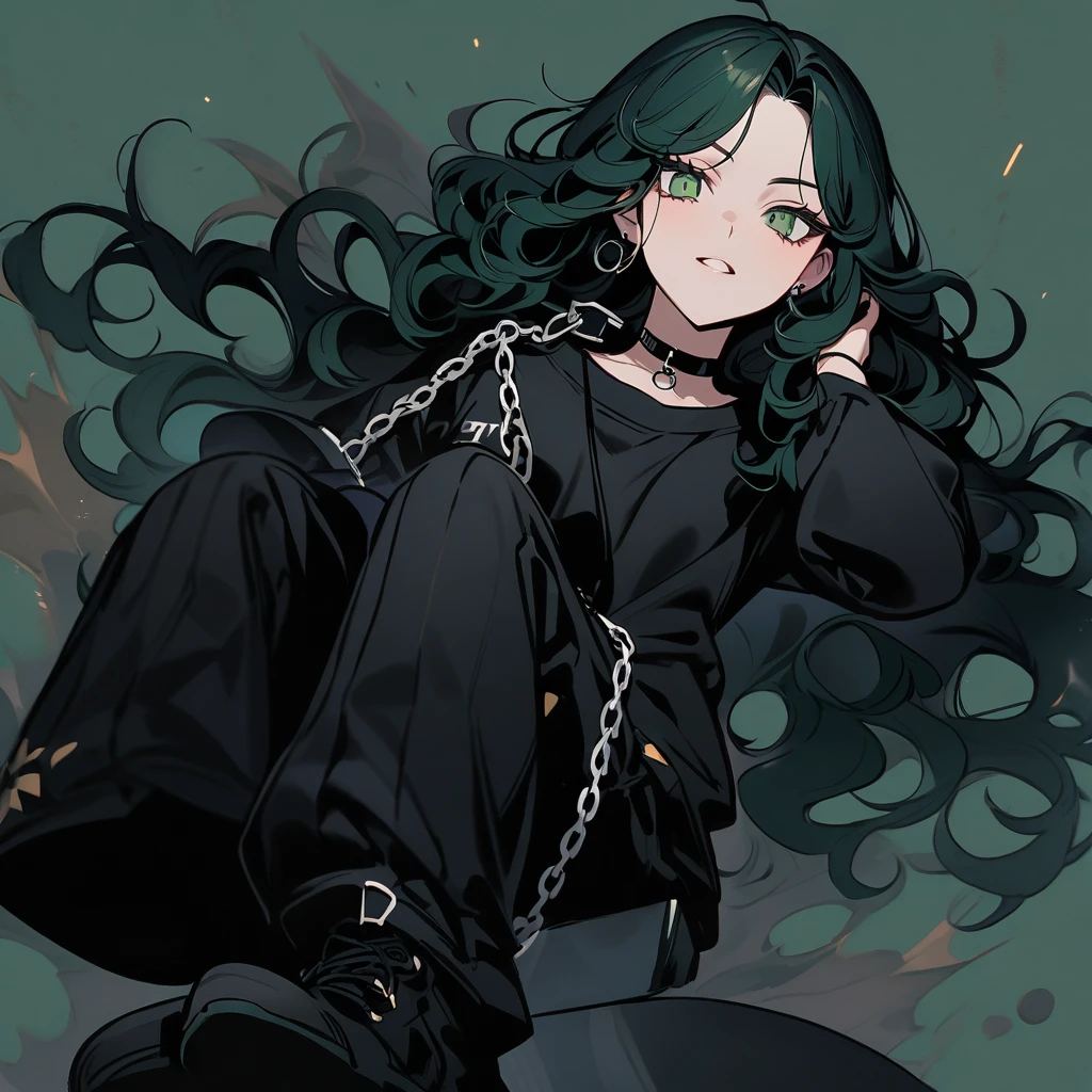 (well done:1) woman, long black curly hair, gray left eye, dark green right eye, black choker, black sweatshirt with white details, black sweatpants with some chains around them, black boots.
