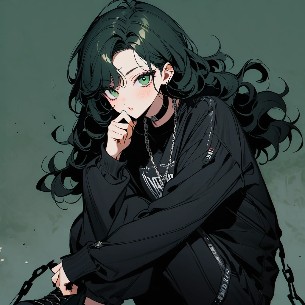 (well done:1) woman, long black curly hair, gray left eye, dark green right eye, black choker, black sweatshirt with white details, black sweatpants with some chains around them, black boots.