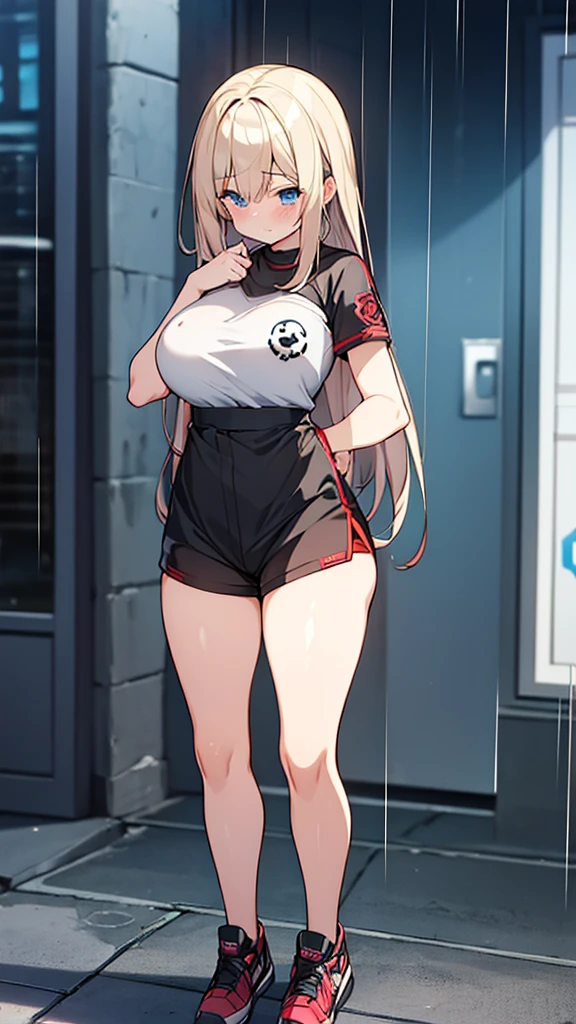 Full body image, front, One girl, 18-year-old, Mix 4, (32K, RAW Photos, Highest quality, masterpiece:1.2), (Anime-like, photoAnime-like:1.37), cute, Short sleeve T-shirt,Shorts,Black knee socks, night, rain, Humidity, Professional Lighting, Photon Mapping, Radio City, Physically Based Rendering, Super Resolution, (Big Breasts:1.2), {{The biological weapon that had preyed on the younger sister took her place and reunited with the older brother, The rebellious sister has become the obedient little sister}}, Girl Skull, whole body, NSFW