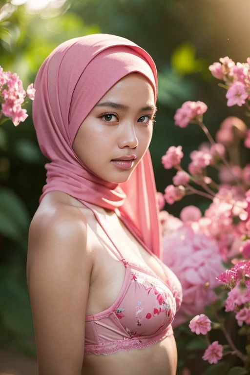 1 javanese girl , pink flower pattern hijab, shy, medium portrait shot , watery eyes , glowing particles, wear red pastel lingerie, sunlight in afternoon bokeh background, proportional body,