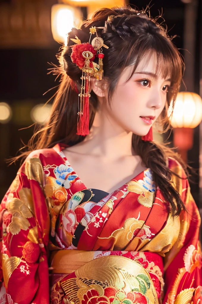 best quality, 8k, very delicate and beautiful, highly detailed face and skin texture, shiny skin, high resolution, big tits cute long hair japanese girl in red kimono on street at night, under the light, sharp focus