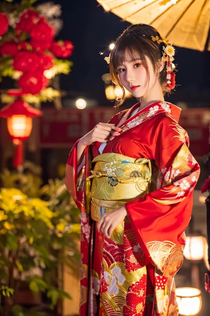 best quality, 8k, very delicate and beautiful, highly detailed face and skin texture, shiny skin, high resolution, big tits cute long hair japanese girl in red kimono on street at night, under the light, sharp focus