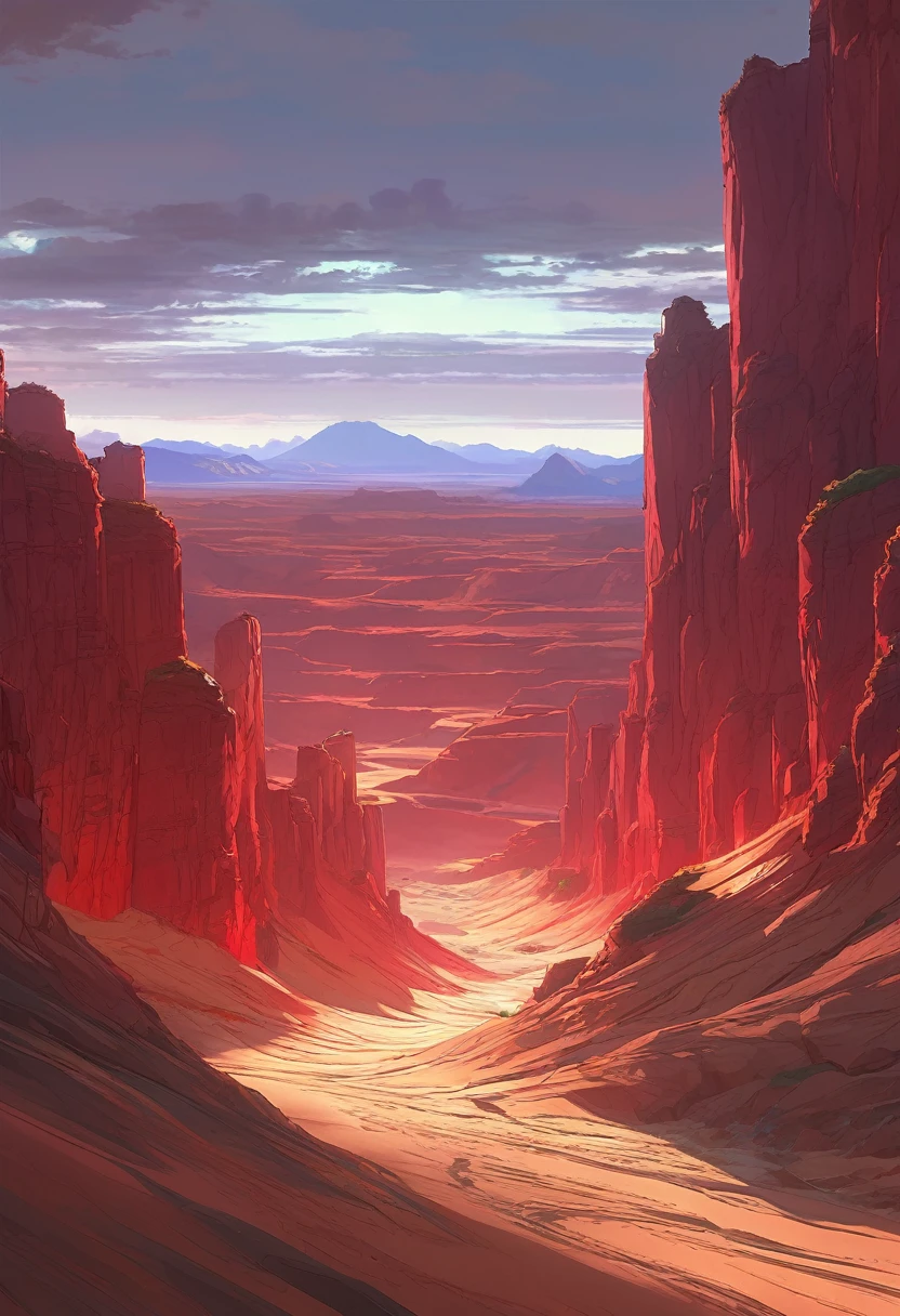 Luminescent Desert Gorge, A Sandy Desert Gorge with Bioluminescent veins flowing, Desert Gorge, Red and Gold color scheme only, Red and Gold colors only, Red and Gold, Made in Abyss, Stormlight Archive, Studio Ghibli, Anime Key Visual, by Makoto Shinkai, Deep Color, Intricate, 8k resolution concept art, Natural Lighting, Beautiful Composition, Xianxia style