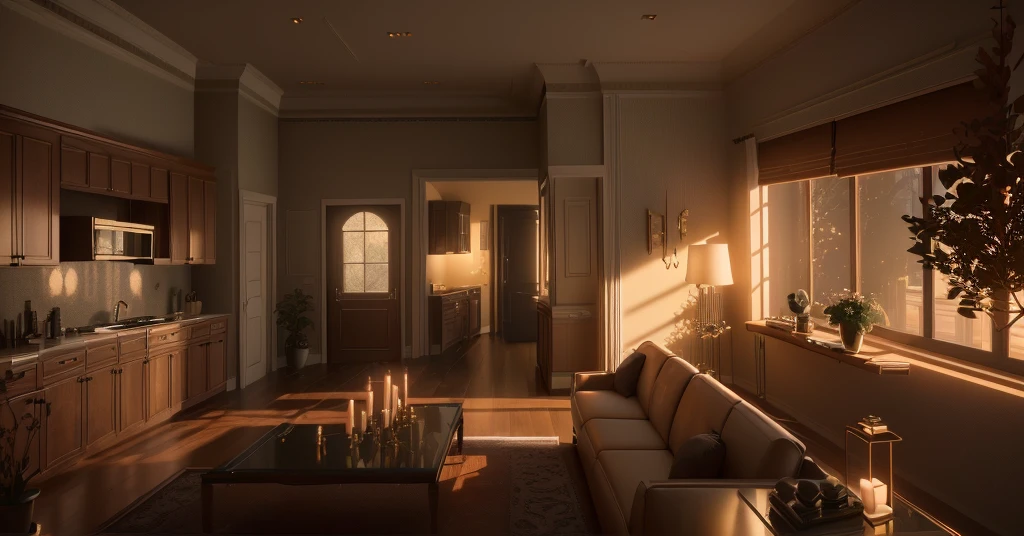 Side view of the living room,Features a sofa and table, 8K Sensual Lighting, Stunning rendering, Unreal Engine ; Romantic Theme, Rendering in Lumion Pro, Unreal Engine realistic render, octane render Unreal Engine 8 k, rendered in Unreal Engine 5, Unreal Engine 5 render dramatic, Dramatic lighting rendering, Unreal Engine 5 Rendering, Vray rendering