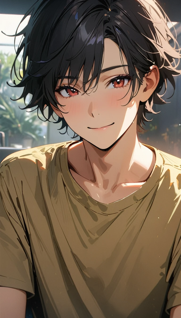 18 years old ,masterpiece , modern, Verism, masterpiece, super detail, best quality, 4K , A handsome man, black hair, short hair, light smile, happy