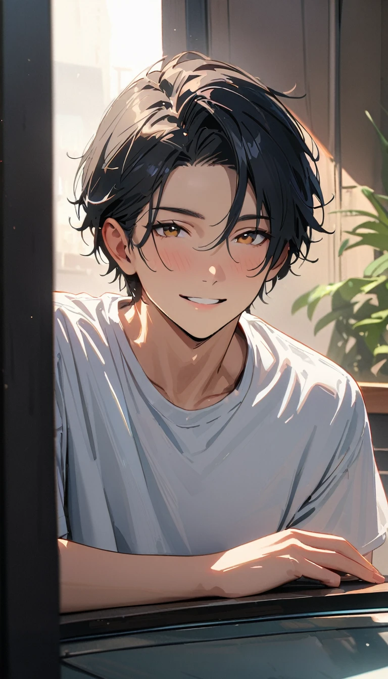 18 years old ,masterpiece , modern, Verism, masterpiece, super detail, best quality, 4K , A handsome man, black hair, short hair, light smile, happy

