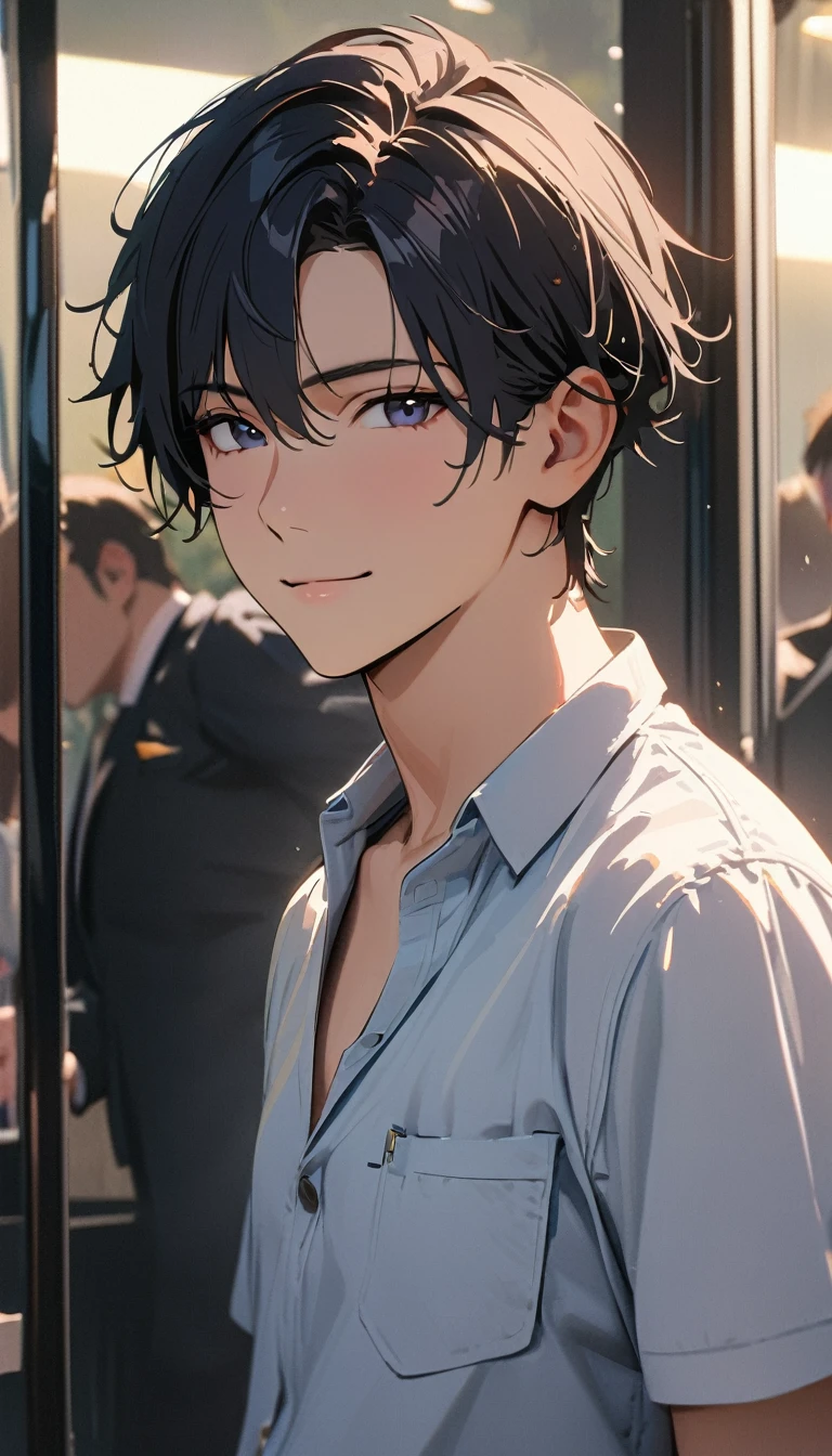 18 years old ,masterpiece , modern, Verism, masterpiece, super detail, best quality, 4K , A handsome man, black hair, short hair, light smile, happy
