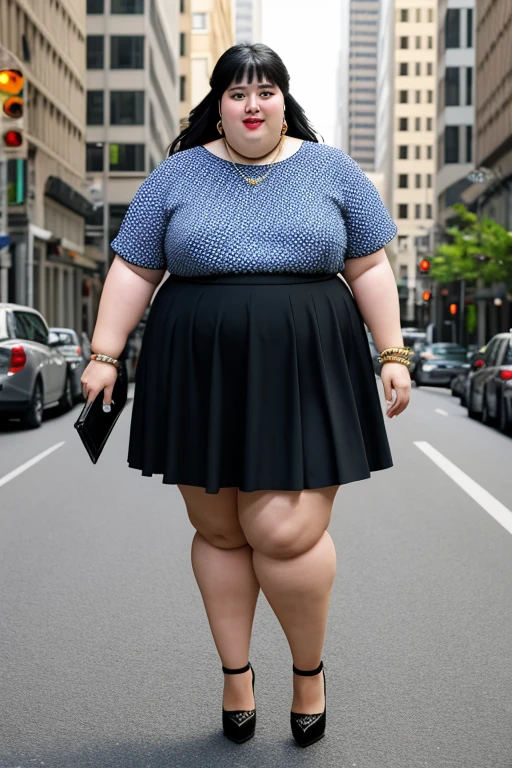 masterpiece, best quality, live action photo, 140kg extremely obese woman, large stomach, mini skirt, high heel, necklace, earring, bracelet