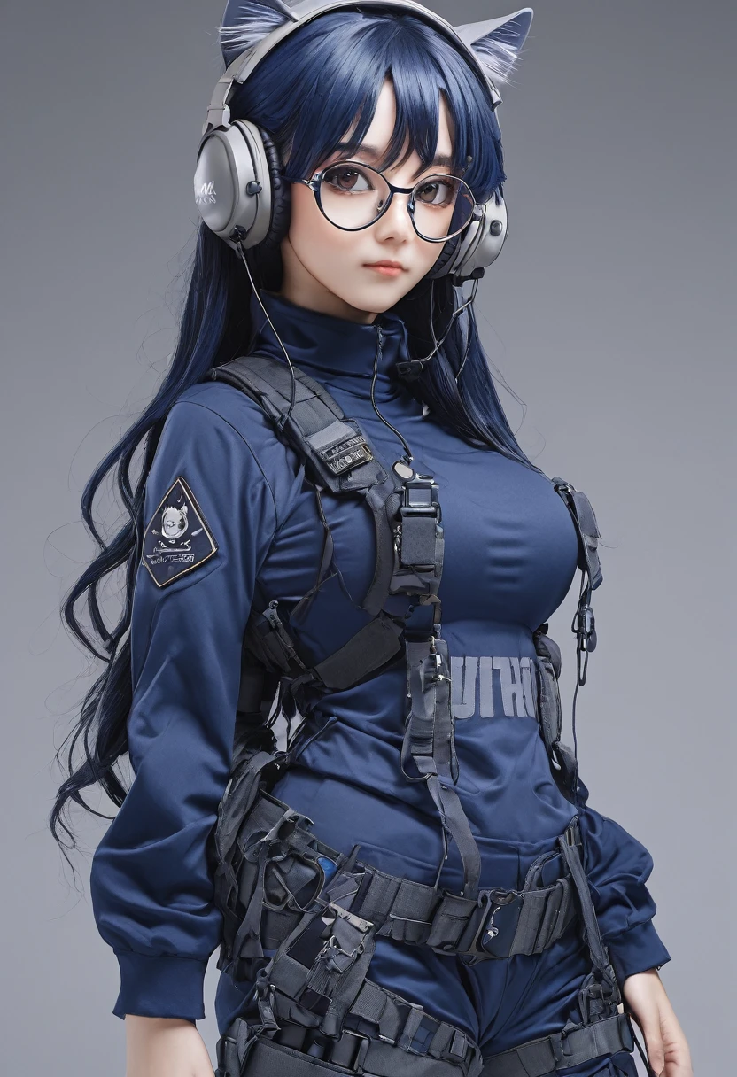 8K Ultra High-Quality, ultra-detailed, High quality, Dark Blue hair, Long hair, Headset, Goggles, cat girl, Grey Tactical clothes, Military clothes, body harness, Looking at viewer, choker, glasses, full body