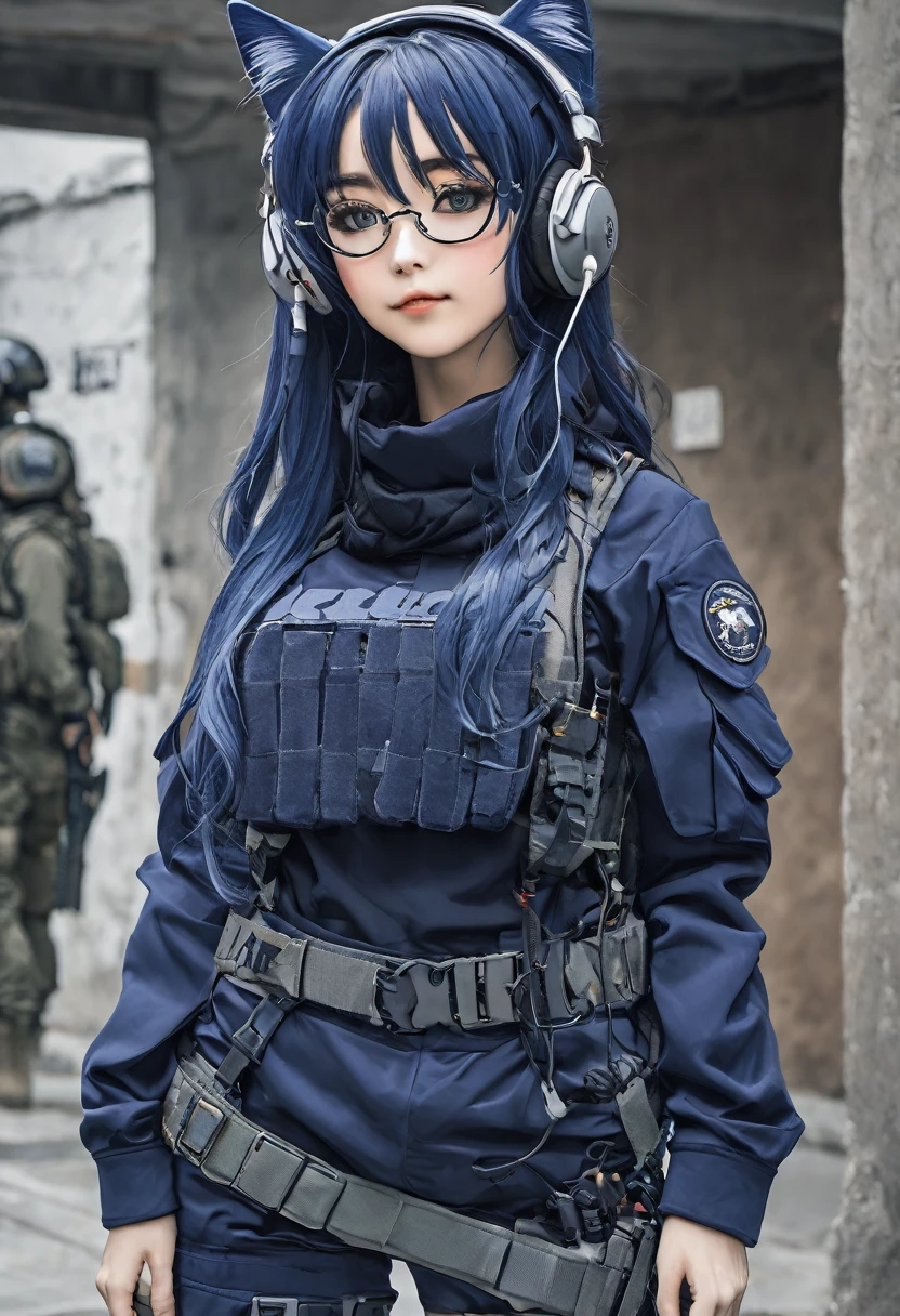 8K Ultra High-Quality, ultra-detailed, High quality, Dark Blue hair, Long hair, Headset, Goggles, cat girl, Grey Tactical clothes, Military clothes, body harness, Looking at viewer, choker, glasses, full body