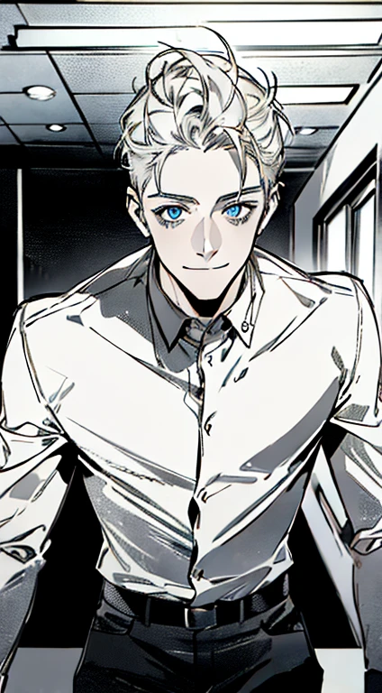 (best quality, masterpiece, 8K, photorealistic, cinematic lighting, hdr image, ultra detailed, beautiful image), 1 man, 31 years old, mature man, very handsome, (without expression, smile), short white hair, blue eyes ( penetrating gaze), perfect face without errors, imposing posture, without errors, businessman, office background