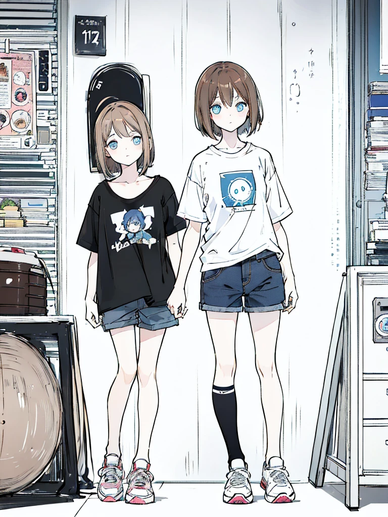 Anime girl 17 yown short hair, black thight t-shirt, blue eyes, jean short pants, sneakers