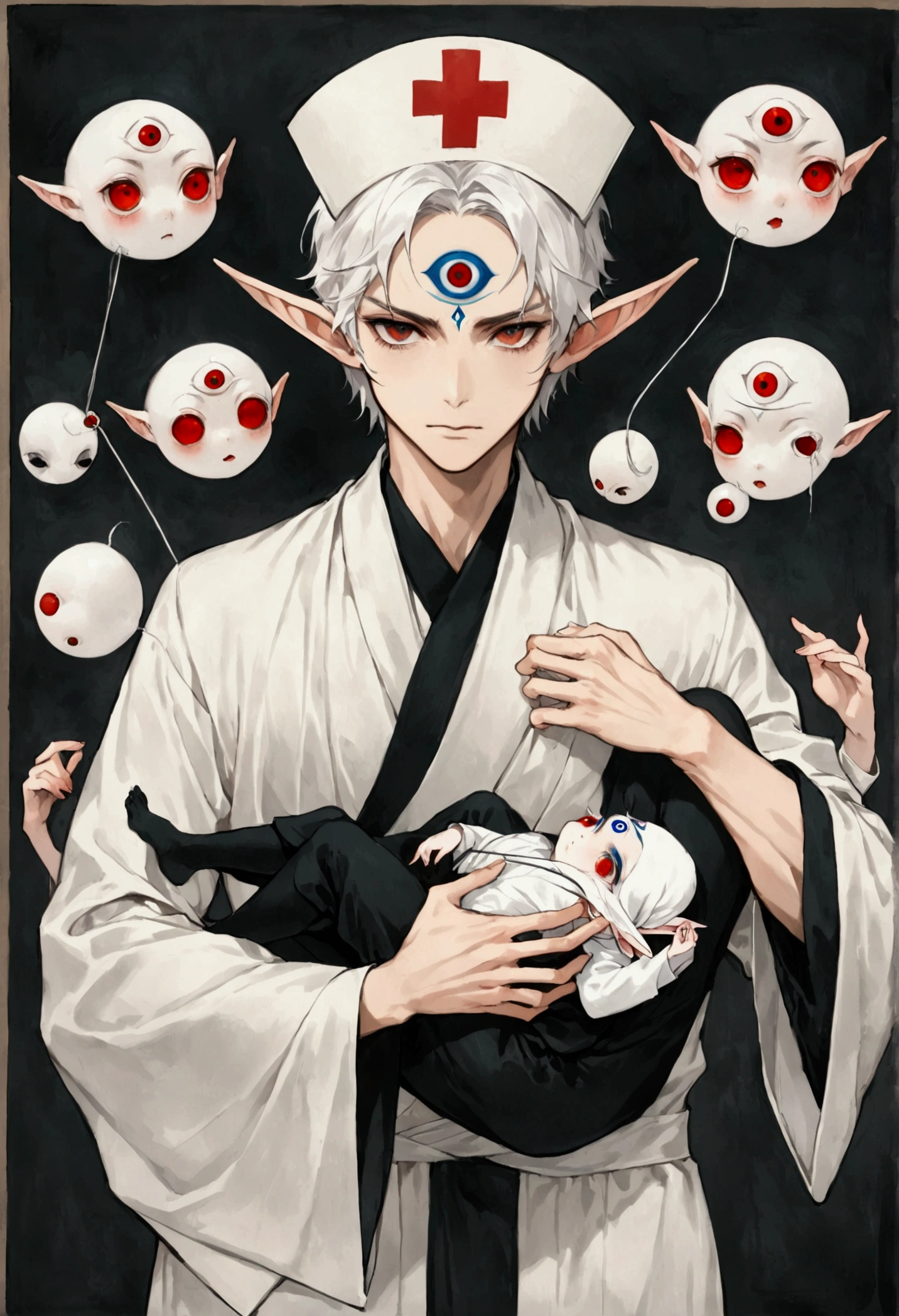 (((Boys short hair，独奏，third eye on the forehead，Elf ears))),(((robe：1.6，Eye Diagram，Dark Pattern))).(((Nurse hat，Carrying a string of eyeballs)))，whole body，Death Stare Background。body movements